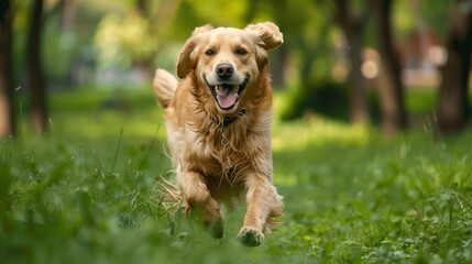 Golden retriever playing in the park: Happy golden retriever running and playing in a green park.