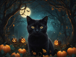 Black cat sitting in a spooky forest with halloween pumpkins and full moon