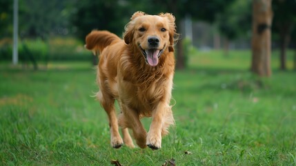 Golden retriever playing in the park: Happy golden retriever running and playing in a green park.