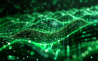 Fototapeta premium Abstract Green Digital Waves with Glowing Particles