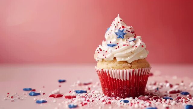Festive cupcake with white frosting, red sprinkles, and blue star toppings Hot pink background for celebratory mood