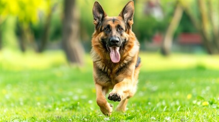 German Shepherd playing in the park: Happy German Shepherd running and playing in a green park.