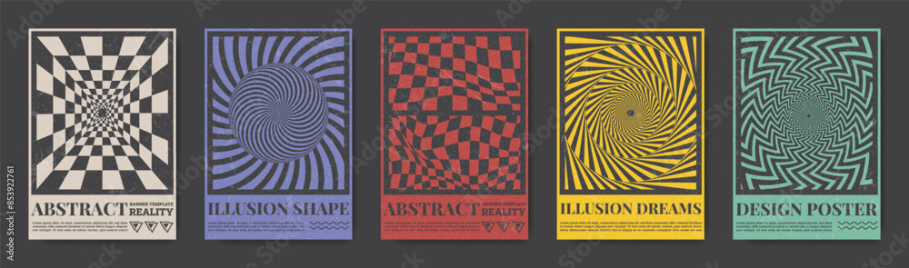 Poster Optical illusion. Line type geometric posters. Creative form with abstract layout and Swiss typography. Surreal kaleidoscope. Checkered psychedelic design. Vector abstract banners set