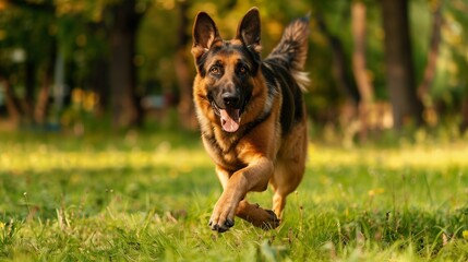 Naklejka premium German Shepherd playing in the park: Happy German Shepherd running and playing in a green park.