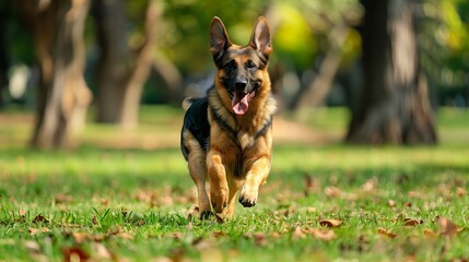 German Shepherd playing in the park: Happy German Shepherd running and playing in a green park.