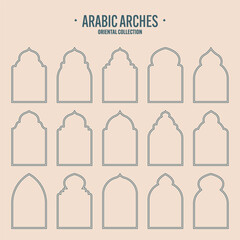 Islamic frames, oriental style objects. Arabic shapes, windows and arches. Traditional ornamental banner, frame. Muslim holidays, Ramadan Kareem. Modern eastern architecture. Vector illustration