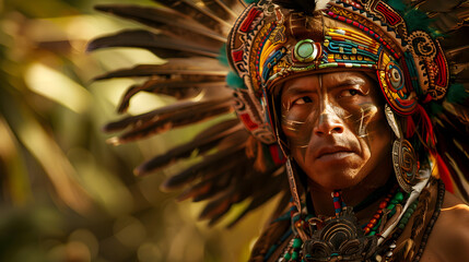 Fototapeta premium Mayan warrior in jade jewelry and a feathered headdress, ready for battle.