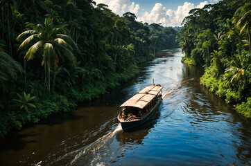 Fototapeta premium Wooden tourist boat cruising on river through lush green tropical rainforest