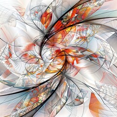 Fototapeta premium Vibrant abstract fractal composition with swirling geometric shapes, lines and orange fiery elements against a backdrop of grays, whites and blues.