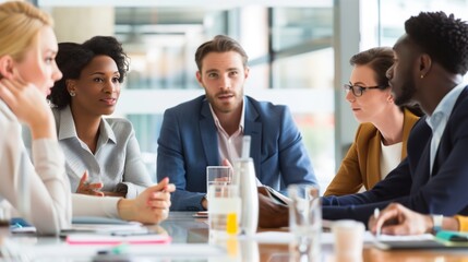 Fototapeta premium Diverse business team in a meeting: A diverse group of professionals engaged in a business meeting in a modern office.