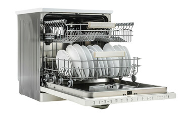 Open dishwasher with clean dishes in the top rack.