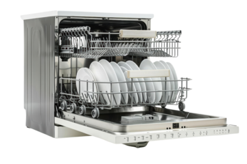 Open dishwasher with clean dishes in the top rack.