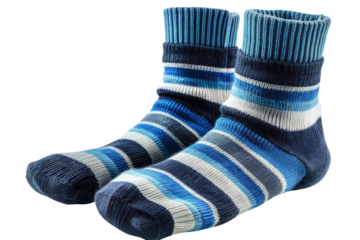 Pair of blue and white striped socks on a white background.