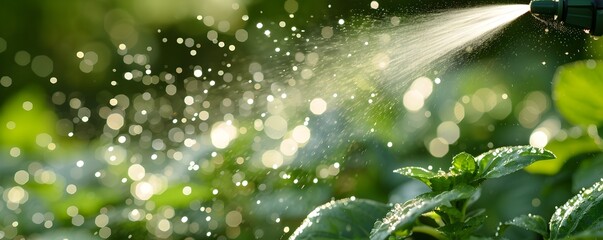 Close up of Garden Sprayer Misting Young Plants Droplets Catching Sunlight