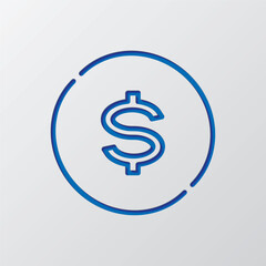 Dollar exchange simple icon vector. Flat design. Paper cut design. Cutted blue symbol with shadow. Gray background