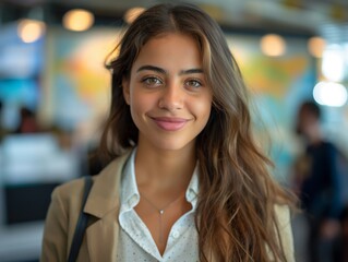 Obraz premium A Travel Agent female wearing professional attire, standing in front of a travel agency desk, smiling