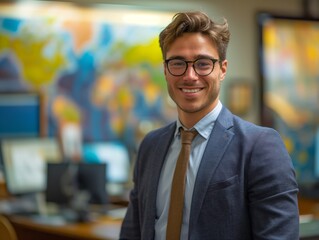 Fototapeta premium A Travel Agent male wearing professional attire, standing in front of a travel agency desk, smiling