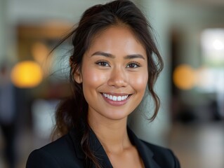 An Event Planner female wearing professional attire, standing in front of an event venue, smiling and looking into the camera