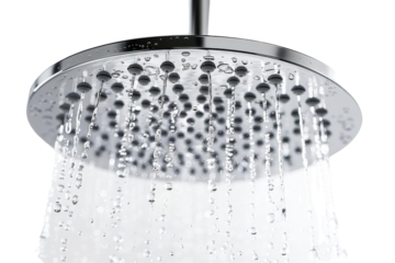 Close-up of a chrome shower head with water flowing.