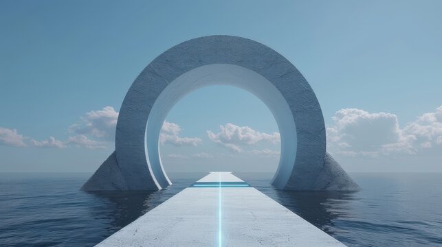 Futuristic structure with a circular archway, leading over water towards the horizon under a clear blue sky, evoking modern and surreal themes.