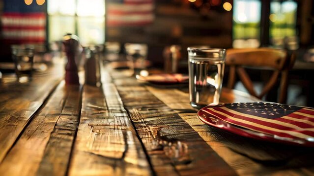 Rustic wooden table set with American flag-themed plates and glasses in cozy dining setting