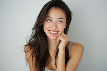 Smiling woman with hand on chin, relaxed and casual