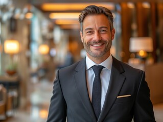 Fototapeta premium A Hotel Manager male wearing professional attire, standing in front of a hotel lobby, smiling and looking into the camera
