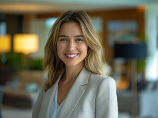 Fototapeta premium A Resort Manager female wearing professional attire, standing in front of a resort lobby, smiling