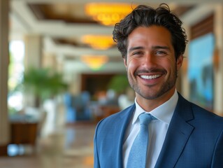 A Resort Manager male wearing professional attire, standing in front of a resort lobby, smiling