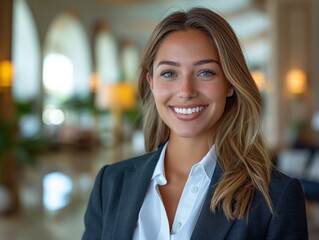 Obraz premium A Resort Manager female wearing professional attire, standing in front of a resort lobby, smiling