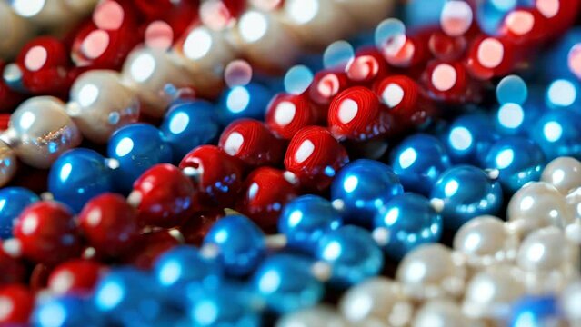 Close-up of red, blue, and white shiny beads arranged in rows