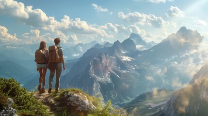 Naklejka premium Couple hiking on a mountain trail: Adventurous couple hiking on a scenic mountain trail with breathtaking views.
