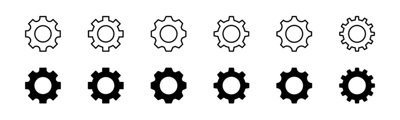 Cogwheel icon set. Line and glyph gearwheel sign. Outline cogwheel mechanism symbol