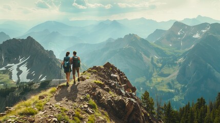 Couple hiking on a mountain trail: Adventurous couple hiking on a scenic mountain trail with breathtaking views.