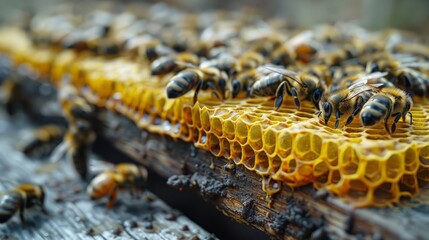 Beehive and Honeycomb: Capture a close-up of a beehive with bees working on the honeycomb, emphasizing the structure and activity. 