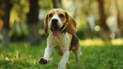 Beagle playing in the park: Happy Beagle running and playing in a green park.