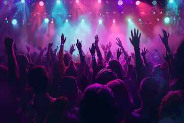 Crowd of people dancing at concert illuminated by blue and purple lights