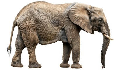 Elegant side view of an elephant with detailed textures of its skin, isolated on white