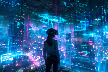 Obraz premium Person exploring cyber city in VR headset