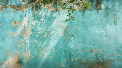 Textured Wall with Tropical Paradise Color Washing Technique. Aged effect. Palette of turquoise, green, and blue with subtle variations. High-resolution. Matching furniture and decor.