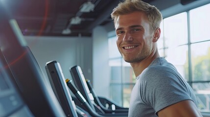 Fit young trainer demonstrating proper form on a treadmill, smiling confidently