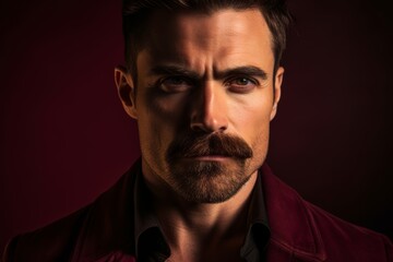 Obraz premium Close-up photo of a short, sharp beard and mustache on a dark burgundy background