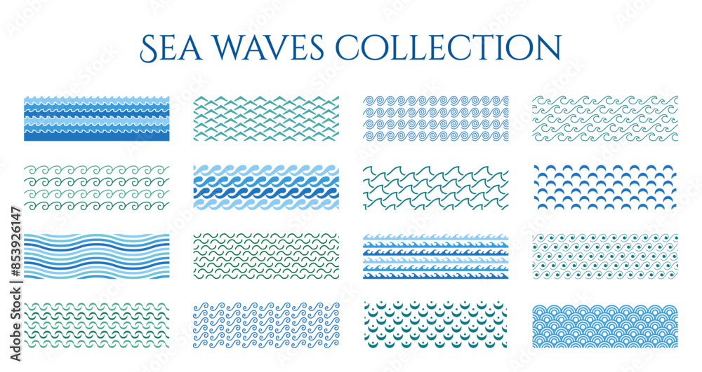 Aufkleber ocean waves. sea line shapes. blue water art frame as icon or pattern with white elements. nautical 