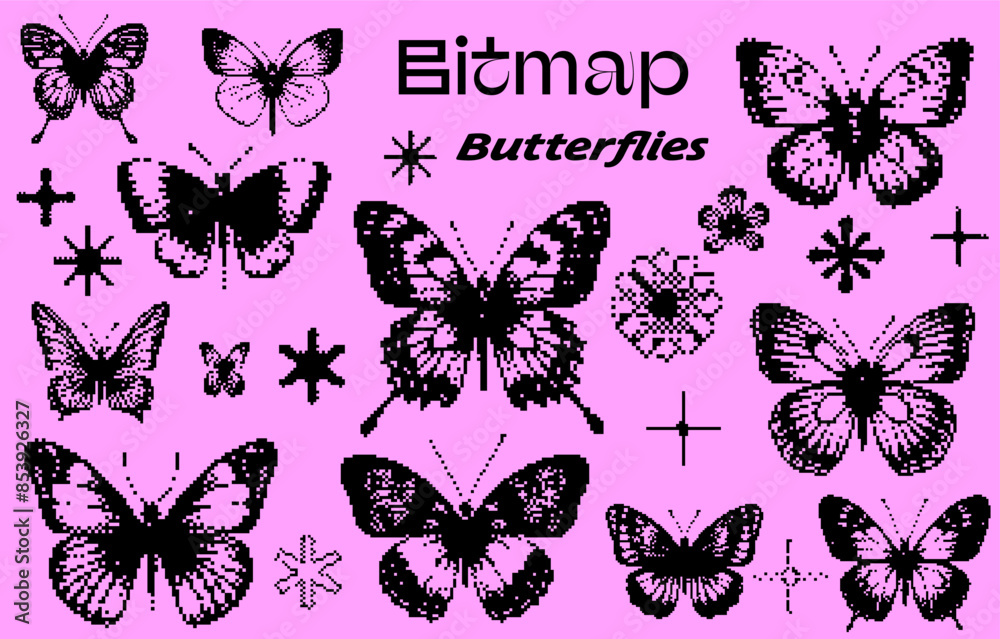 Poster pixel art collage with images of distorted butterfly silhouettes. illustration in webcore aesthetics