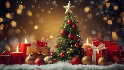 Obraz premium Colorful Christmas tree with gifts and candles