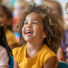 Happy child, face bright with laughter, participating in a classroom activity