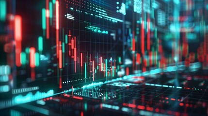 A dynamic digital interface showcasing stock market data with fluctuating graphs and charts in vivid colors.