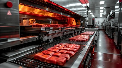 Fototapeta premium A close-up view of an automated conveyor belt system at a meat processing plant, featuring sealed trays of red meat moving along the production line.