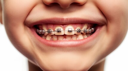 Obraz premium Close-up of a child's smile with metal braces, showcasing dental care and orthodontics. Bright and joyful expression.