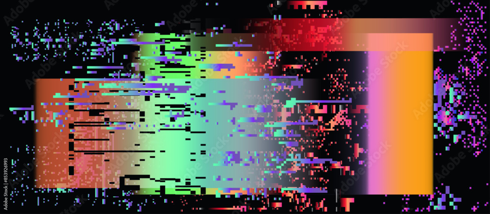 Poster Lo-fi glitched vector background with pixel rainbow ambient flickers.